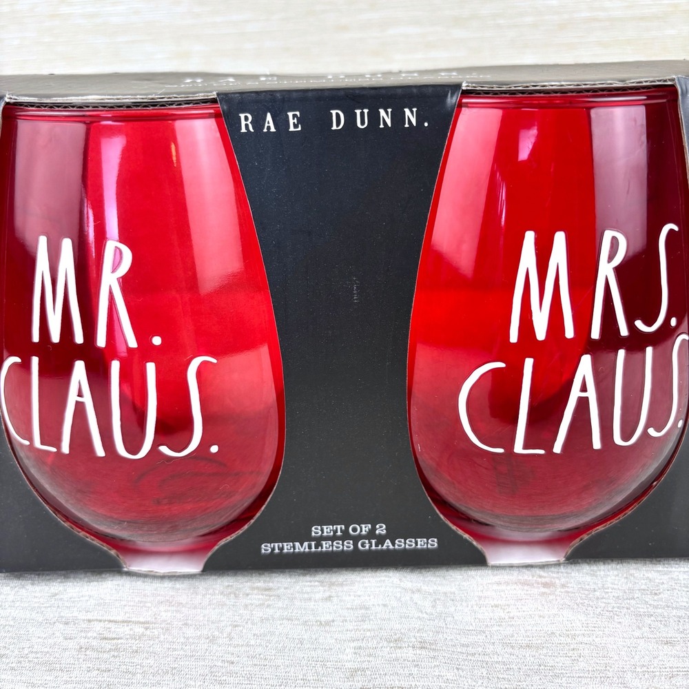 Rae Dunn NEW Holiday Stemless Wine Glasses Mr. Mrs. Claus Red Glass Set of 2